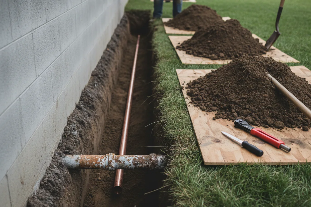 Excavated water line trench during Water Softener Installation in Modoc